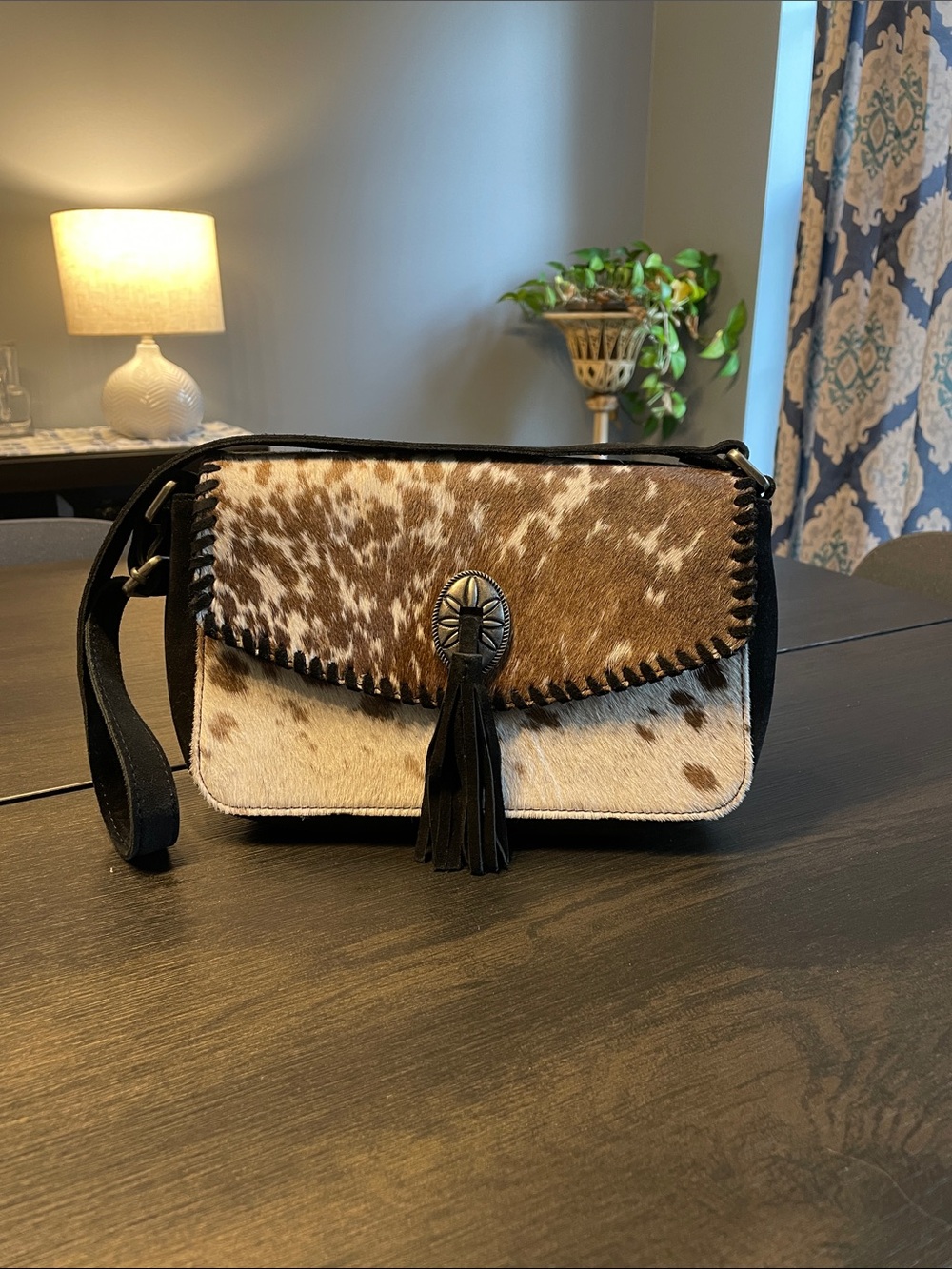 Shyanne Brown and White Cowhide Crossbody with Tassel